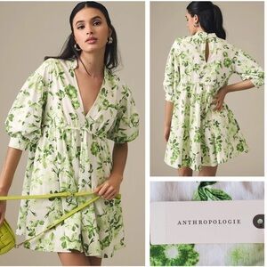 Anthropologie Maeve V-Neck Tunic Dress Green Motif Floral Size XL - NWT